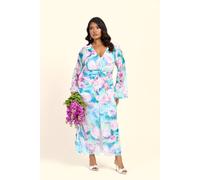 Fashion-Szn Curve Blurred Floral Pastel Flare Sleeve Twist Front Midi Dress In Blue Blue 20