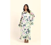 Fashion-Szn Curve Blurred Floral Round Neck Long Sleeve Ruffle Swing Midaxi Dress In Green Green 16