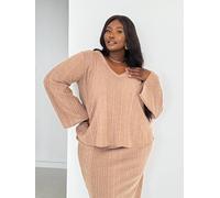 Fashion-Szn Curve Brushed Knit V Neck Camel Flare Sleeve Jumper Camel 18