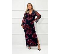 Fashion-Szn Curve Cowl Neck Mesh Flare Sleeve Dark Floral Maxi Dress In Black Black 22