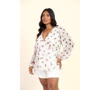 Fashion-Szn Curve Ditsy Print Wrap Balloon Sleeve Mesh Blouse In Off White Off White 16