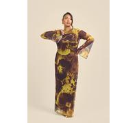 Fashion-Szn Curve Flare Sleeve Bold Floral Mesh Maxi Dress In Green Green 20