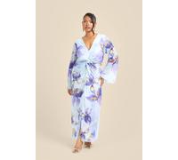 Fashion-Szn Curve Floral Lily Print Twist Front Mesh Flare Sleeve Midi Dress In Purple Purple 30-32
