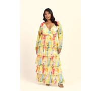 Fashion-Szn Curve Floral Print Ruffle Balloon Sleeve Maxi Dress In Yellow Yellow 14