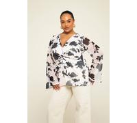 Fashion-Szn Curve Floral Print Twist Front Flare Sleeve Mesh Blouse In Light Brown Light Brown 18