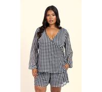 Fashion-Szn Curve Gingham Print Wrap Balloon Sleeve Mesh Blouse In Black Black 14