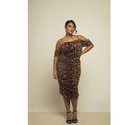 Fashion-Szn Curve Leopard Print Cold Shoulder Ruched Midi Dress In Brown Brown 30-32
