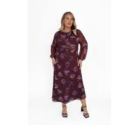 Fashion-Szn Curve Mesh Twist Front Floral Midi Dress In Burgundy Burgundy 14