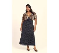 Fashion-Szn Curve Mixed Leopard And Polka Dot Print V Neck Midi Dress In Black Black 20