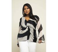 Fashion-Szn Curve Monochrome Twist Front Flare Sleeve Mesh Top In Black Black 16