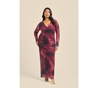 Fashion-Szn Curve Plunge Neck Burgundy Ruched Mesh Midaxi Dress Burgundy 14