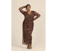 Fashion-Szn Curve Plunge Neck Leopard Print Ruched Mesh Midaxi Dress In Brown Brown 20