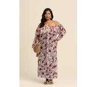 Fashion-Szn Curve Ruffle Bardot Abstract Floral Midaxi Dress In Brown Brown 16