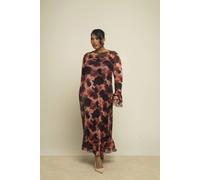 Fashion-Szn Curve Ruffle Detail Mocha Blurred Floral Swing Style Midaxi Dress Multi 20