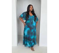 Fashion-Szn Curve Teal Watercolour Printed Angel Sleeve Wrap Front Maxi Dress In Blue Blue 20