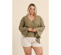 Fashion-Szn Curve Textured Kimono Wrap Front Flare Sleeve Belted Top In Khaki Khaki 16