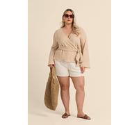 Fashion-Szn Curve Textured Kimono Wrap Front Flare Sleeve Belted Top In Stone Stone 20