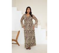 Fashion-Szn Curve Zebra Print Ring Detail Buttermilk Flare Sleeve Midi Dress In Brown Brown 14