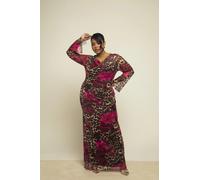 FASHION-SZN Women's Curve Cowl Neck Mesh Dress In Leopard & Floral Printed in Brown | Size: 24 FASHION-SZN Brown 24