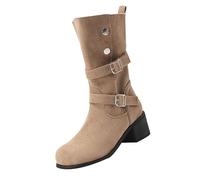 Fashion Thick Bottom Chunky Heel Women's Boots Breathable Fashion Round Head Chunky Heel Women's Shoes Womens Rain Boots Mid Calf Plaid (Khaki, 6)