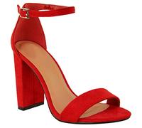 Fashion Thirsty Womens Ladies Block High Heels Ankle Strap Sexy Open Toe Shoes Comfort Heeled Party Occasion Strappy Slip On Heel Dress Sandals Red Faux Suede