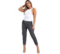 Fashion Trends Ladies Faux Leather Look Wet Look P. U. Magic Trousers Joggers Pants Stretchy Italian UK Size 10-20 (Charcoal, 16)
