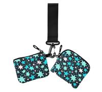 Fashion Turquoise Stars Dark Blue Women's Coin Purses Card Cases Mini Fashion Identity Card Protector with Wristlet Strap for Work Travel 2 Pcs