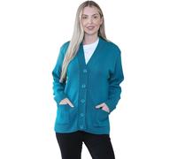 Fashion Valley Womens Grandad Cardigan Plain Long Sleeve V Neck Open Front 5 Button Longline Knitted Sweater Oversized with 2 Pockets for Ladies Acrylic Grandad Cardigan Teal-12-14