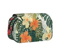 Fashion Vegetation Leaves with Hibiscus Flowers Print Pen Pencil Double-Layer Zipper Pencil Case Pouch, Clear Makeup Color Pouch Cosmetics Bag Multi-Purpose Stationary Bag