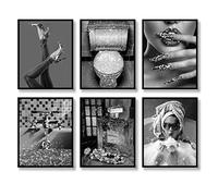 Fashion Wall Art Bathroom Wall Decor Prints Set of 6 Black and White Glam Glitter Canvas Posters Photos Toilet Bathroom Pictures Artwork Wall Modern Women Funny Bathroom Decoration (Black&White,