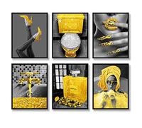 Fashion Wall Art Bathroom Wall Decor Prints Set of 6 Black and White Glam Glitter Canvas Posters Photos Toilet Bathroom Pictures Artwork Wall Modern Women Funny Bathroom Decoration (B&W YELLOW, 11"x14