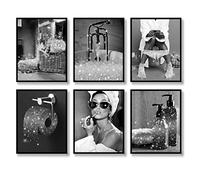 Fashion Wall Art Bathroom Wall Decor Set of 6 Black and White Glam Glitter Canvas Posters Pictures Photos Artwork Wall Modern Women Funny (Black and White, 11"x14" UNFRAMED)