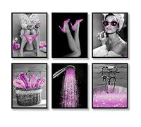 Fashion Wall Art Bathroom Wall Decor Set of 6 Black and White Purple Glam Glitter Canvas Posters Photos Pictures Artwork Wall Modern Women Funny (B&W PURPLE, 8"x10" UNFRAMED)