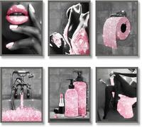 Fashion Wall Art Pink Glam Bathroom Decor Black and White Posters Canvas Poster Prints Pictures Modern Perfume Women Funny Bathroom Wall Decor for Girl's Bedroom, Set of 6. 8x10in UNFRAMED