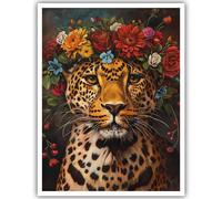Fashion Wall Art Posters Funky Leopard With Flower Crown Art Decor Prints Fashionista Leopard Wild Animal Portrait Wall Art Photo Prints Luxury Wall Decor for Bedroom Living Room 16x24inch Unframed