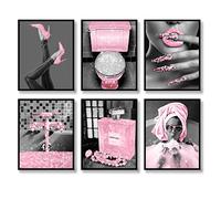 Fashion Wall Art Set of 6 Black and White Glam Glitter Canvas Posters - Modern Women Themed Artwork - B&W PINK, 11"x14" (Toilet Bathroom Pictures)