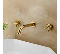 Fashion Wall Sink Basin Mixer Tap Set Bathroom Spout Faucet with Double Lever in Matt Black/Polished Gold Heavy Duty Star of Light