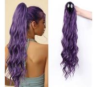 Fashion wig purple ladies long curly hair high ponytail scrunchy clip wig