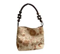 Fashion Women Handbag Weaving Flower Vintage Print Bucket Shoulder Bag Underarm Bag with Wood Beads Chain Top Handle