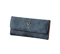 Fashion Women ID Long Wallet Solid Color Bag Fawn Decoration Hasp Purse Multiple Card Slots Clutch Bag Wooden Wallet Picture Frames (Blue, One Size)