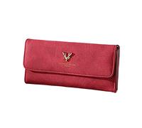 Fashion Women ID Long Wallet Solid Color Bag Fawn Decoration Hasp Purse Multiple Card Slots Clutch Bag Wooden Wallet Picture Frames (Red, One Size)