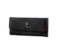 Fashion Women ID Long Wallet Solid Color Bag Fawn Decoration Hasp Purse Multiple Card Slots Clutch Bag Wooden Wallet Picture Frames (Black, One Size)
