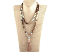 Fashion Women Lariat Bohemian Tribal Jewelry 108 Beads Necklace 8MM Natural Stone Tassel Yoga Necklaces