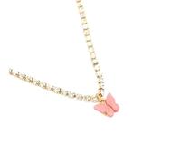 Fashion Women Necklace Colorful Marble Style Spread Wing Butterfly Pendant 1091-Light Pink