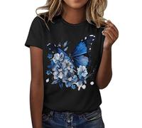 Fashion Women Printed Crew Neck Short Sleeve Beach Blouse Ladies T-Shirt, black, S