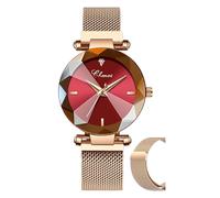 Fashion Women Watch Crystal Face Magnetic Strap Rose Gold Stainless Steel Mesh Band Bracelet Wrist Watch (Rose Gold- red)