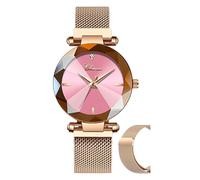 Fashion Women Watch Crystal Face Magnetic Strap Rose Gold Stainless Steel Mesh Band Bracelet Wrist Watch (Rose Gold-Pink)