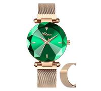 Fashion Women Watch Crystal Face Magnetic Strap Rose Gold Stainless Steel Mesh Band Bracelet Wrist Watch (Rose Gold-Green)