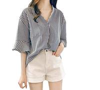Fashion Women's Business Shirt Striped Print Blouse with V-Neck Shirts Women, darkblue, M