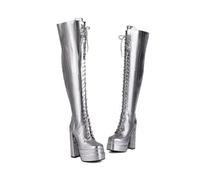 Fashion Women's Gold Snake Print Over-The-Knee Boots, Chunky Block Heel & Square Toe, Side Zipper Winter Thigh High Boots for Women(Silver,6.5 UK)